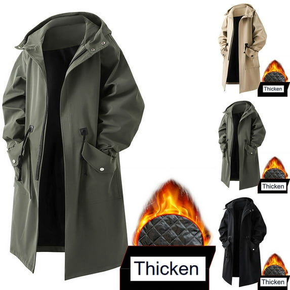 Zedker Winter Pea Coat for Men Wool Blend Trench Coat Windproof Business Overcoat With Hood Black XXL