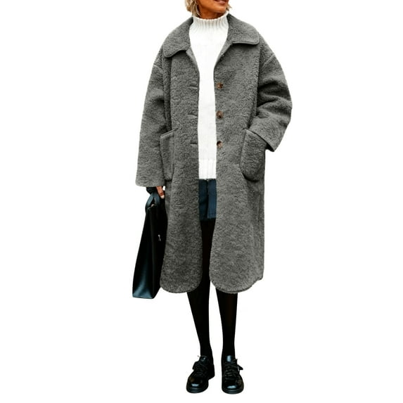 Zedker Winter Thermal Coats for Women Casual Lapel Collar Long Sleeve Button Thicken Lamb Fleece Outerwears with Pockets,Gray,XL