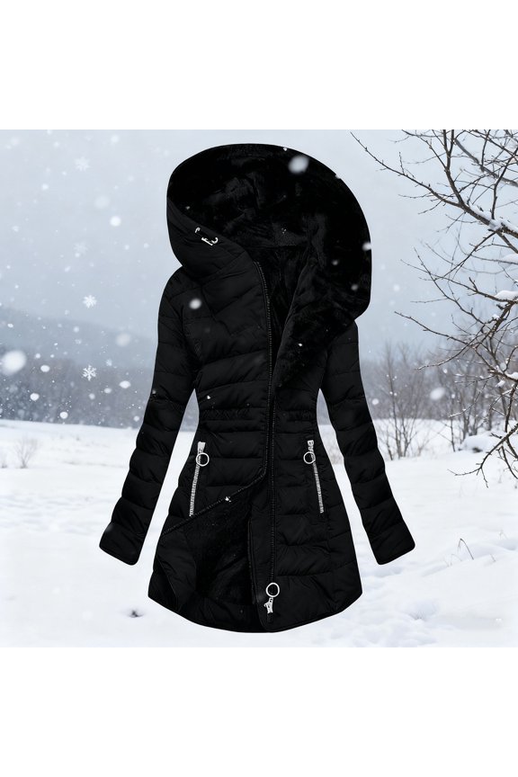 Winter Women's Long Sleeve Zipper Casual Hooded Padded Jackets with Pockets, Comfy Thicken Thermal Outerwears with Elastic Waist,Black,L
