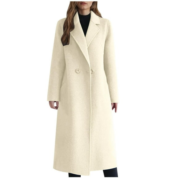 Zedker Winter Wool Coats for Women 2025 Lapel Collar Single-Breasted Trench Overcoat,Plus Size Beige L