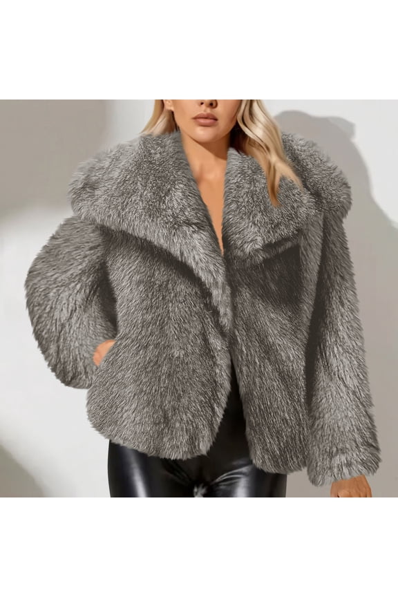 Winter Wool Coats for Women Faux Fur Lapel Furry Winter Jackets Parka Coat,Plus Size GrayXL