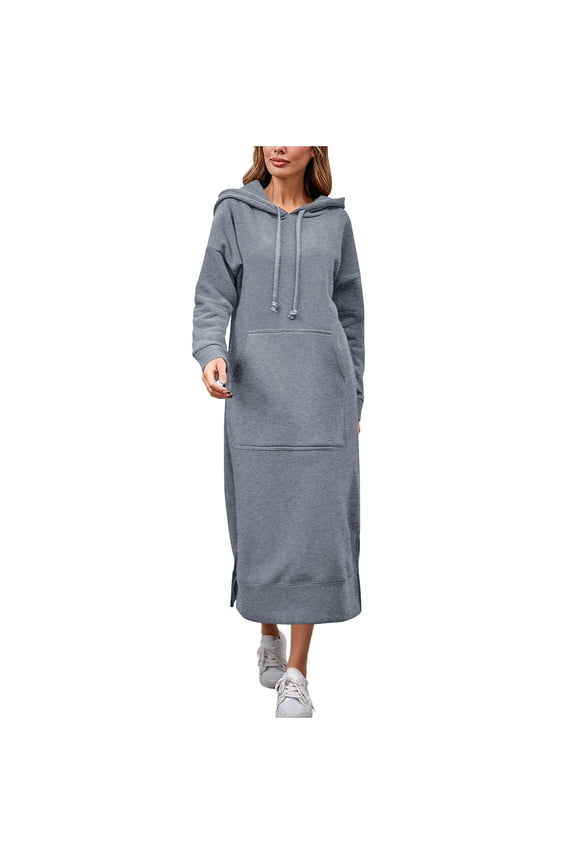 Women Casual Hoodies Long Sleeve Dress Split Hem Drawstring Hooded Maxi Sweatshirt with Pockets 2025 Fall Gray Plus XXXXXL