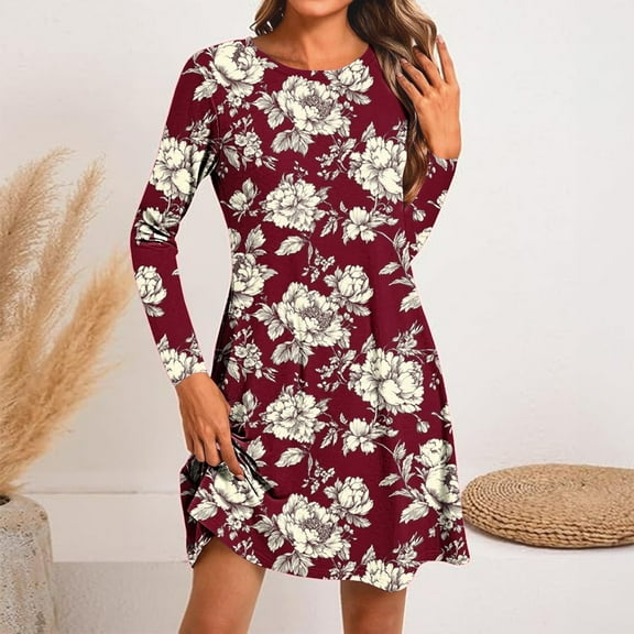 Zedker Women Casual Long Sleeve Knee Length Dresses Round Neck Pleated Fall Dress 2025, Plus Size MulticolorS