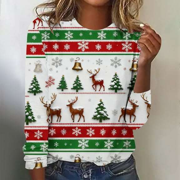 Zedker Women Christmas Shirts Santa Claus Graphic Tees Crew Neck Long Sleeve Holiday Blouses,Plus Size Red S