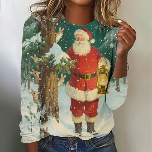 Zedker Women Christmas Shirts Santa Claus Graphic Tees Crew Neck Long Sleeve Holiday Blouses,Plus Size Red S