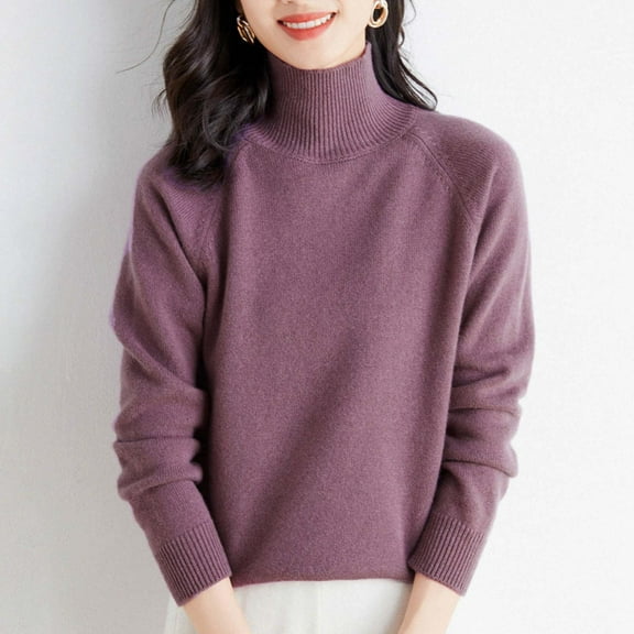 Zedker Women Fall Tops Long Sleeve Turtleneck Comfort Soft Sweater Fashion Loose Tunic Winter Clothes Sweaters for Women,Plus Purple M