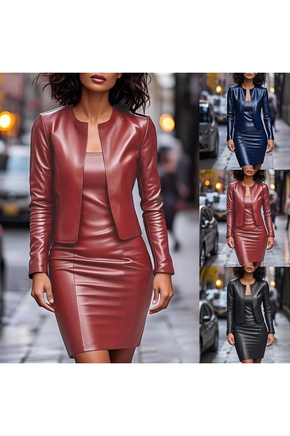 Women Formal Business Dress Set Two Piece Faux Leather Blazer Jackets Bodycon Mini Dress