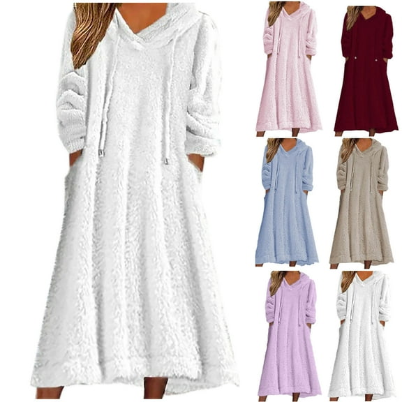 Zedker Women Fuzzy Fleece Hooded Nightgowns Plus Size Casual Long Sleeve Sherpa House Dress Winter Flannel Night Gown