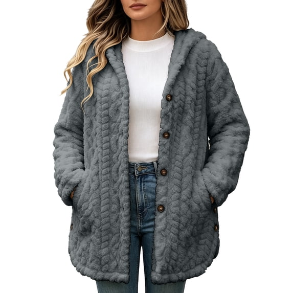 Zedker Women Hooded Button Up Fleece Jacket Long Sleeve Fuzzy Coat Loose Warm Outerwear with Pockets Gray Jackets for Women