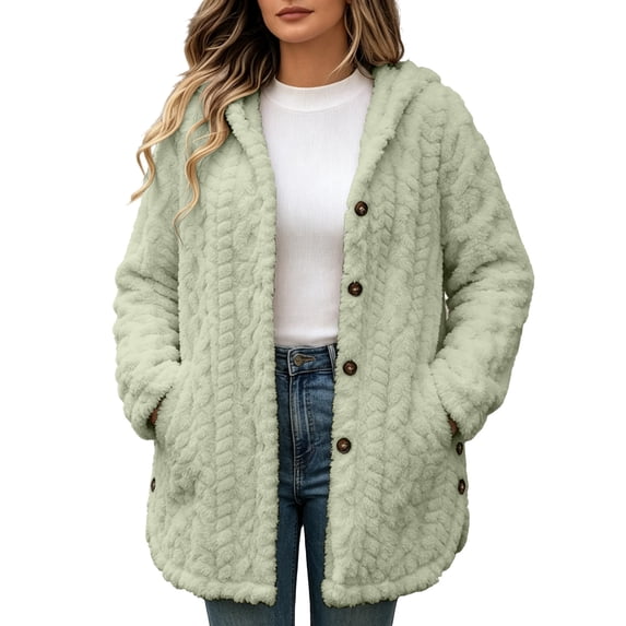 Zedker Women Hooded Button Up Fleece Jacket Long Sleeve Fuzzy Coat Loose Warm Outerwear with Pockets Green Jackets for Women