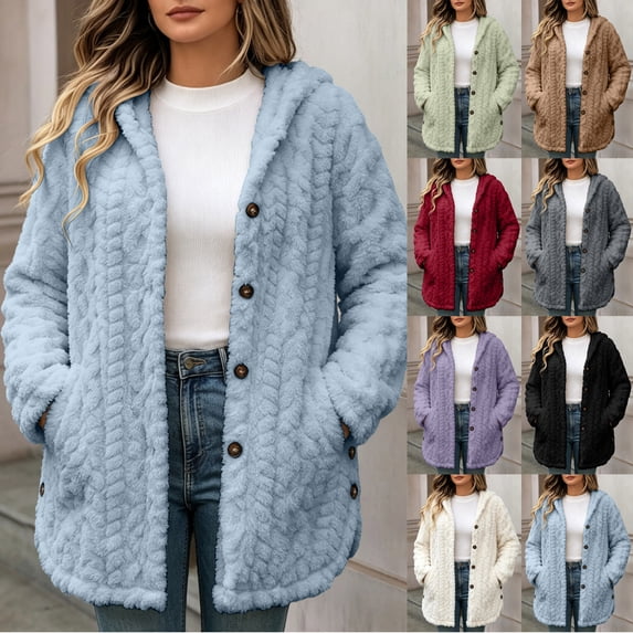 Zedker Women Hooded Button Up Fleece Jacket Long Sleeve Fuzzy Coat Loose Warm Outerwear with Pockets Light Blue Jackets for Women