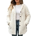 thumbnail image 1 of Zedker Women Hooded Button Up Fleece Jacket Long Sleeve Fuzzy Coat Loose Warm Outerwear with Pockets White Jackets for Women, 1 of 6