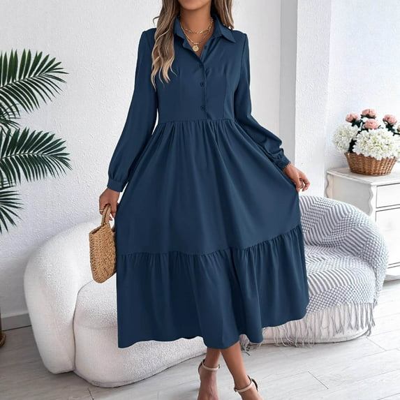 Zedker Women Long Sleeve Maxi Dress 2025 Fall Casual Button Down Shirt Dresses Vacation Outfits, Plus Size Navy L
