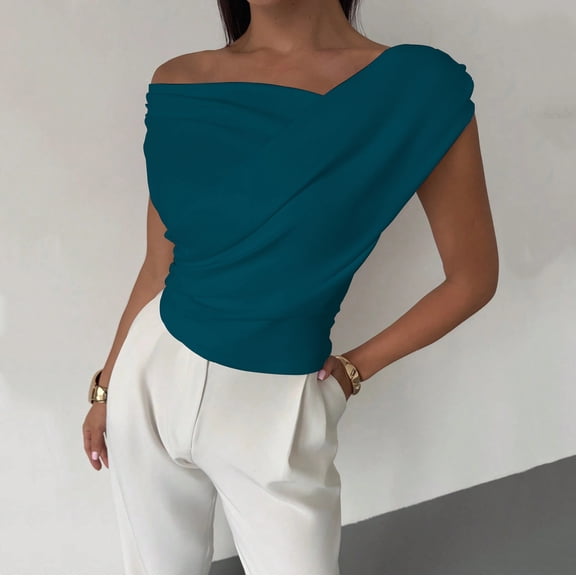 Zedker Women Off The Shoulder Top Summer Sleeveless Ruched Ribbed Asymmetrical Slim Fit Tops Blue Plus M