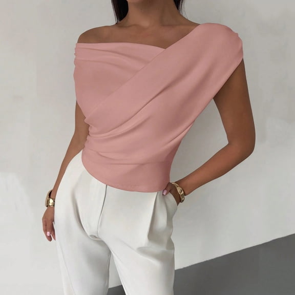 Zedker Women Off The Shoulder Top Summer Sleeveless Ruched Ribbed Asymmetrical Slim Fit Tops Pink Plus M