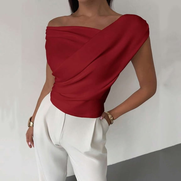 Zedker Women Off The Shoulder Top Summer Sleeveless Ruched Ribbed Asymmetrical Slim Fit Tops Wine Plus M