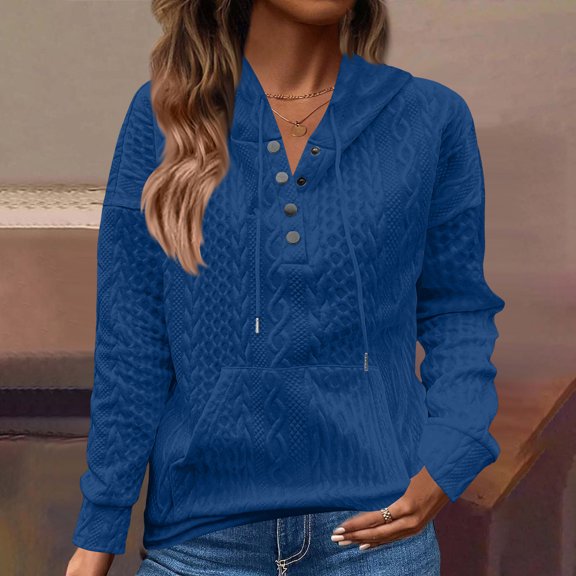 Zedker Women'S Cable Knitted Hooded Sweatshirts with Snap Button, Comfy Oversized Pullover Sweaters with Pocket, Casual Long Sleeve Fall Tops,Light Blue,XXL