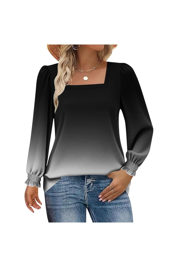 Women'S Casual Gradient Color Square-Neck Shirts with Elastic Cuffs,Comfy Pullover Loose Fits Long-Sleeved Puffed-Sleeve Tops,Black,XXL