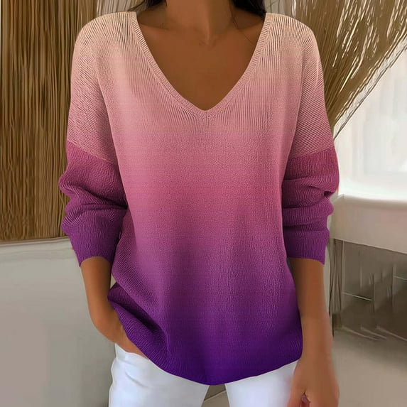 Zedker Women'S Casual Gradient Printed V-Neck Shirts,Classic Long Sleeve Pullover Tops,Comfortable Loungewear Blouses for Spring,Fall,Pink,XXXXXL