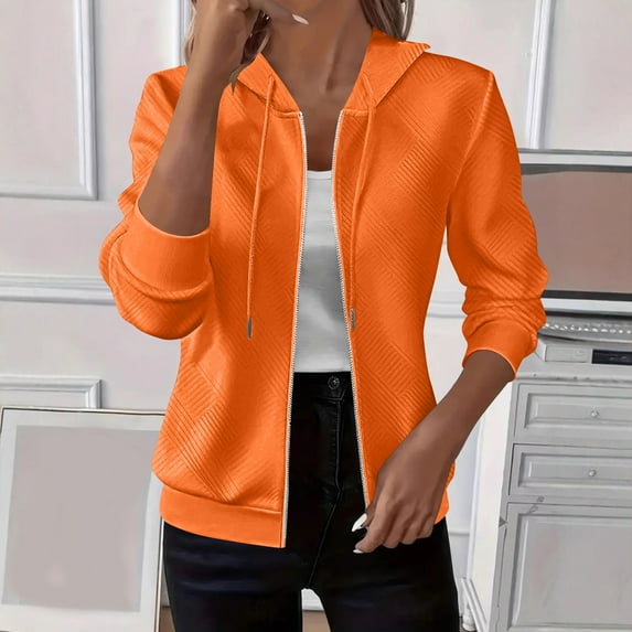 Zedker Women'S Casual Long Sleeve Zipper Jackets with Drawstring Adjustable Neckline ,Comfy Solid Color Fall Coats with Elastic Cuffs,Orange,XL