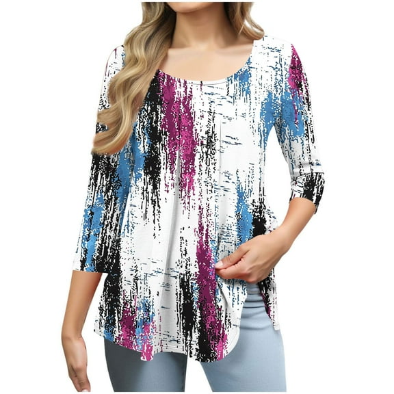 Zedker Women'S Casual Ruffle Detail T-Shirt, 3/4 Sleeve Soft Stretch Pullover Tops With All-Over Printed And Round Neck, Loose Womens Blouses,Purple,L
