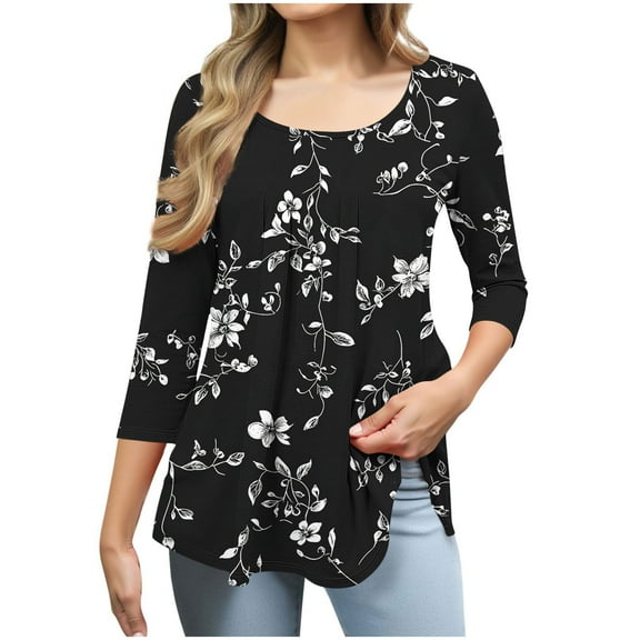Zedker Women'S Casual Ruffle Detail T-Shirt, 3/4 Sleeve Soft Stretch Pullover Tops With All-Over Printed And Round Neck, Loose Womens Blouses,Black,M