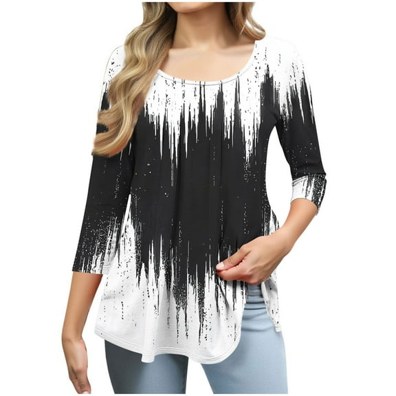 Zedker Women'S Casual Ruffle Detail T-Shirt, 3/4 Sleeve Soft Stretch Pullover Tops With All-Over Printed And Round Neck, Loose Womens Blouses,Black,M