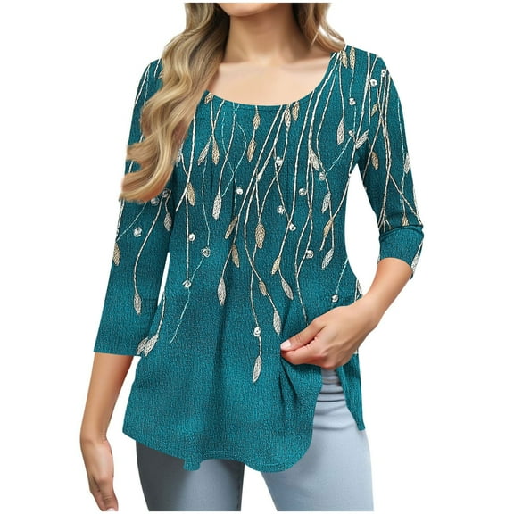 Zedker Women'S Casual Ruffle Detail T-Shirt, 3/4 Sleeve Soft Stretch Pullover Tops With All-Over Printed And Round Neck, Loose Womens Blouses,Blue,M