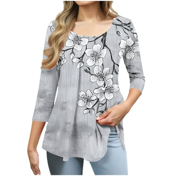 Zedker Women'S Casual Ruffle Detail T-Shirt, 3/4 Sleeve Soft Stretch Pullover Tops With All-Over Printed And Round Neck, Loose Womens Blouses,Gray,M