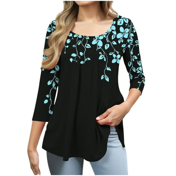 Zedker Women'S Casual Ruffle Detail T-Shirt, 3/4 Sleeve Soft Stretch Pullover Tops With All-Over Printed And Round Neck, Loose Womens Blouses,Navy,L