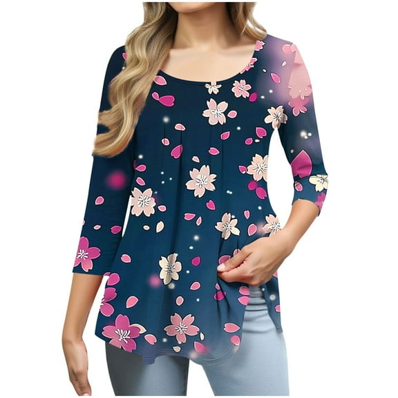 Zedker Women'S Casual Ruffle Detail T-Shirt, 3/4 Sleeve Soft Stretch Pullover Tops With All-Over Printed And Round Neck, Loose Womens Blouses,Navy,M