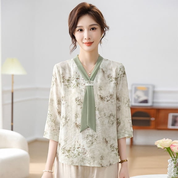 Zedker Women'S Casual V-Neck Shirts With Detachable Tie,Loose Short Sleeves Going Out Tops Comfortable Office Wear Women Blouses,Green,XL