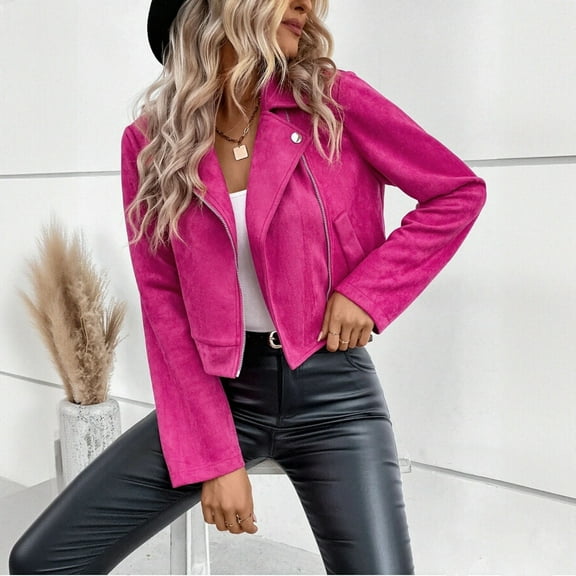 Zedker Women'S Casual Zip Up Front Stand Collar Jackets with Pockets,Fashion Solid Color Long Sleeve Outerwear Hoodless Classic Fall Coats,Hot Pink,XXL