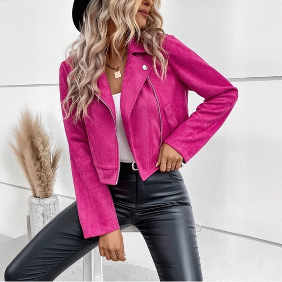 Zedker Womens Fall FashionFaux Suede Leather Moto Biker Jackets Long Sleeve Zip Up Soft Casual Coats Hot Pink Plus L