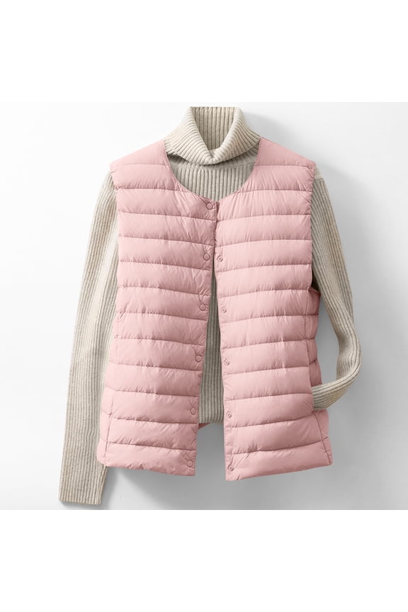 Women'S Classic Warm Padded Button Down Vests with Pockets,Casual Short Sleeveless Puffer Jackets Thin Warm Hoodless Lined Gilet,Pink,XXL