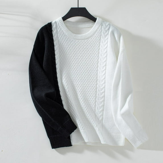 Zedker Women'S Color Crashing Casual Crewneck Long Sleeve Cable Knitted Sweaters,Comfy Elastic Cuffs Outfits for Fall and Winter,Black,L