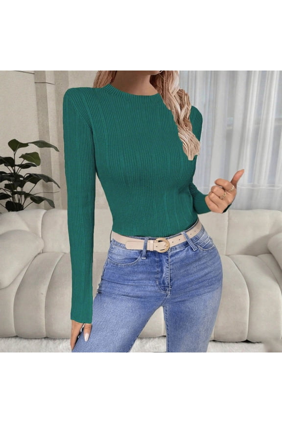 Women'S Crewneck Long Sleeve Ribber Knitted Sweaters,Casual Solid Color Loose Pullover Sweatshirts,Comfy Slim Thermal Tops,Black,White,Red,Coffee,Khaki,Green,S,M,L,XL