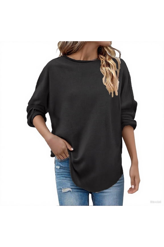 Women'S Curved Hem Tops Cozy Drop Shoulder Long Sleeve Crew Neck Pullover, Casual Oversized Slouchy Knit Shirts,Brown,XL