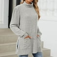 thumbnail image 1 of Zedker Women'S Elegant Side Slit High Neck Casual Long Sleeve Thermal Sweaters with Pockets,Comfy Pits Striped Knitted Tops for Fall,Gray,XXL, 1 of 4