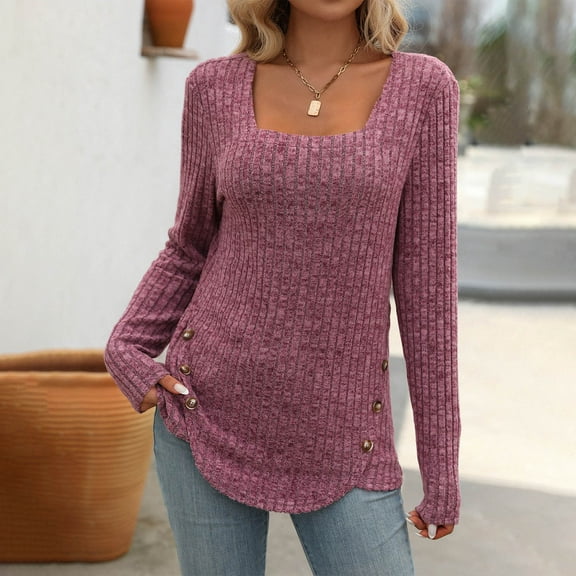 Zedker Women'S Fashion Striped Brushed Sweatshrits,Classic Square Neckline Long Sleeve Ribber Knitted Sweaters,Comfy Button Up Fall Tops,Purple,M