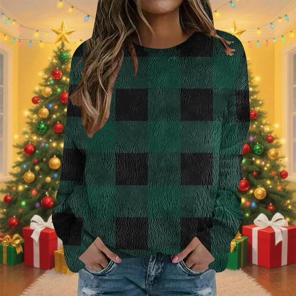 Zedker Women'S Flannel Long Sleeve Crewneck Tops, Comfy Soft Fall Winter Pullover Sweaters with Drop Shoulder and Classic Plaid Pattern Printed,Green,L