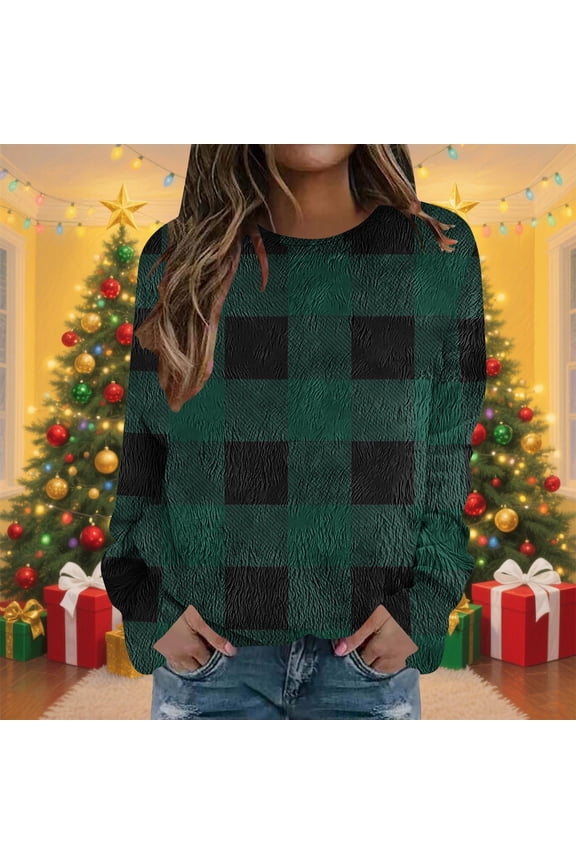 Women'S Flannel Long Sleeve Crewneck Tops, Comfy Soft Fall Winter Pullover Sweaters with Drop Shoulder and Classic Plaid Pattern Printed,Green,XL
