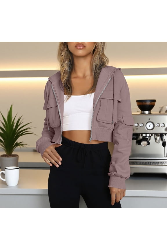 Women'S Hooded Zipper Workwear Cropped Tops With Multi-Pockets Casual Solid Color Long Sleeve Crewneck Athletic Jacket,Pink,M