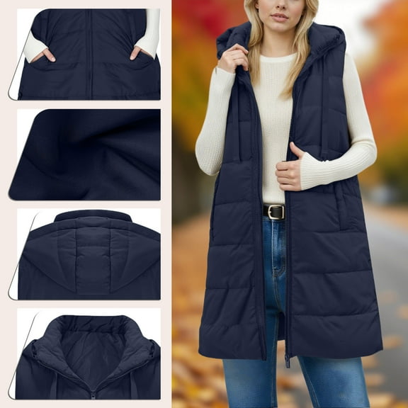 Zedker Women'S Long Puffer Vests with Hood, Winter Quilted Sleeveless Jackets, Stand Collar Fleece Coats with Pockets, Casual Warm Zip Up Front Fall Tops,Navy,XL