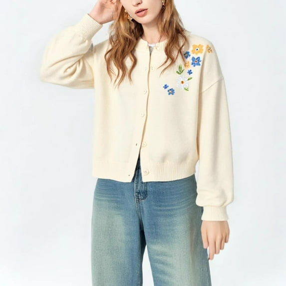 Zedker Women'S Long Sleeve Casual Cardigan Knitted Sweaters with Lantern Sleeves,Comfy Solid Color Crewneck Flower Printed Sweatshirts,Beige,Free Size