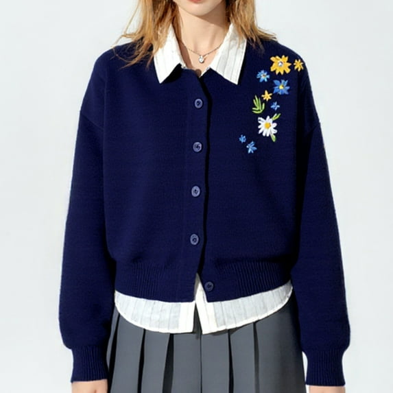 Zedker Women'S Long Sleeve Casual Cardigan Knitted Sweaters with Lantern Sleeves,Comfy Solid Color Crewneck Flower Printed Sweatshirts,Navy,Free Size