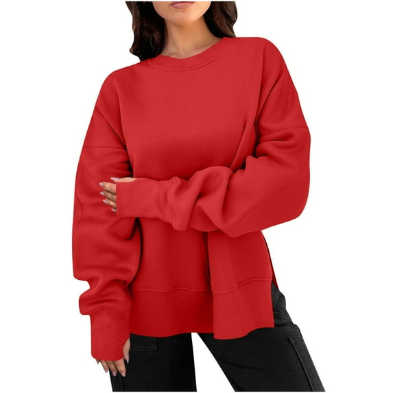 Zedker Women'S Oversized Side Slit Hem Sweatshirts, Drop Shoulder Relaxed Crewneck Long Sleeve Tops with Side Vents,Comfy Solid Color Casual Pullover,Red,S
