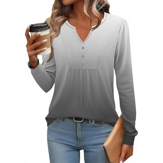 Zedker Women'S Soft V-Neck Buttons Down Blouses,Cozy Lightweight Long Sleeve T-Shirt, Casual Loose Gradient Color Pleated Tops for Women,Gray,S