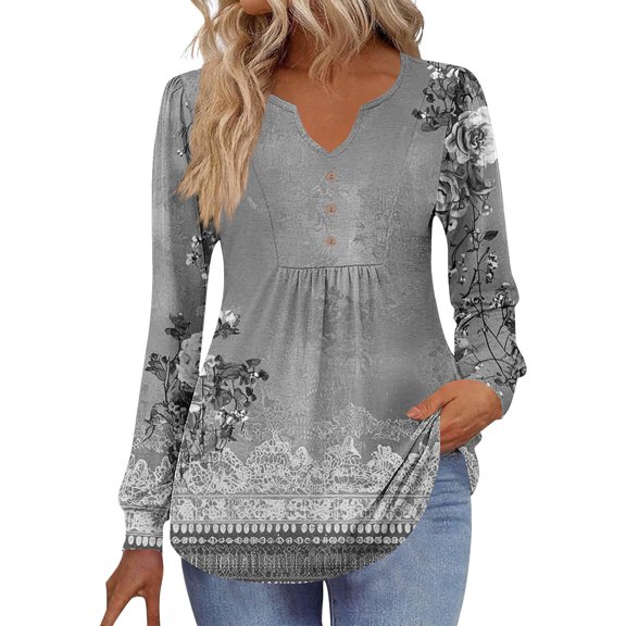 Zedker Women'S Soft V-Neck Buttons Down Blouses,Cozy Lightweight Long Sleeve T-Shirt, Casual Loose Printed Pleated Tops for Women,Gray,M