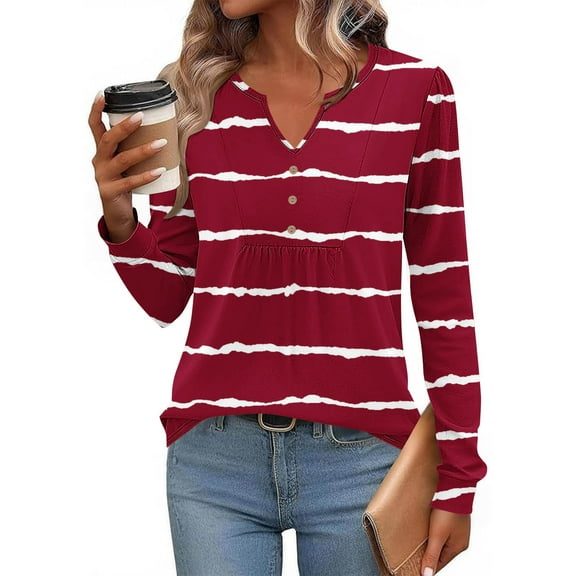 Zedker Women'S Soft V-Neck Buttons Down Blouses,Cozy Lightweight Long Sleeve T-Shirt, Casual Loose Printed Pleated Tops for Women,Red,M